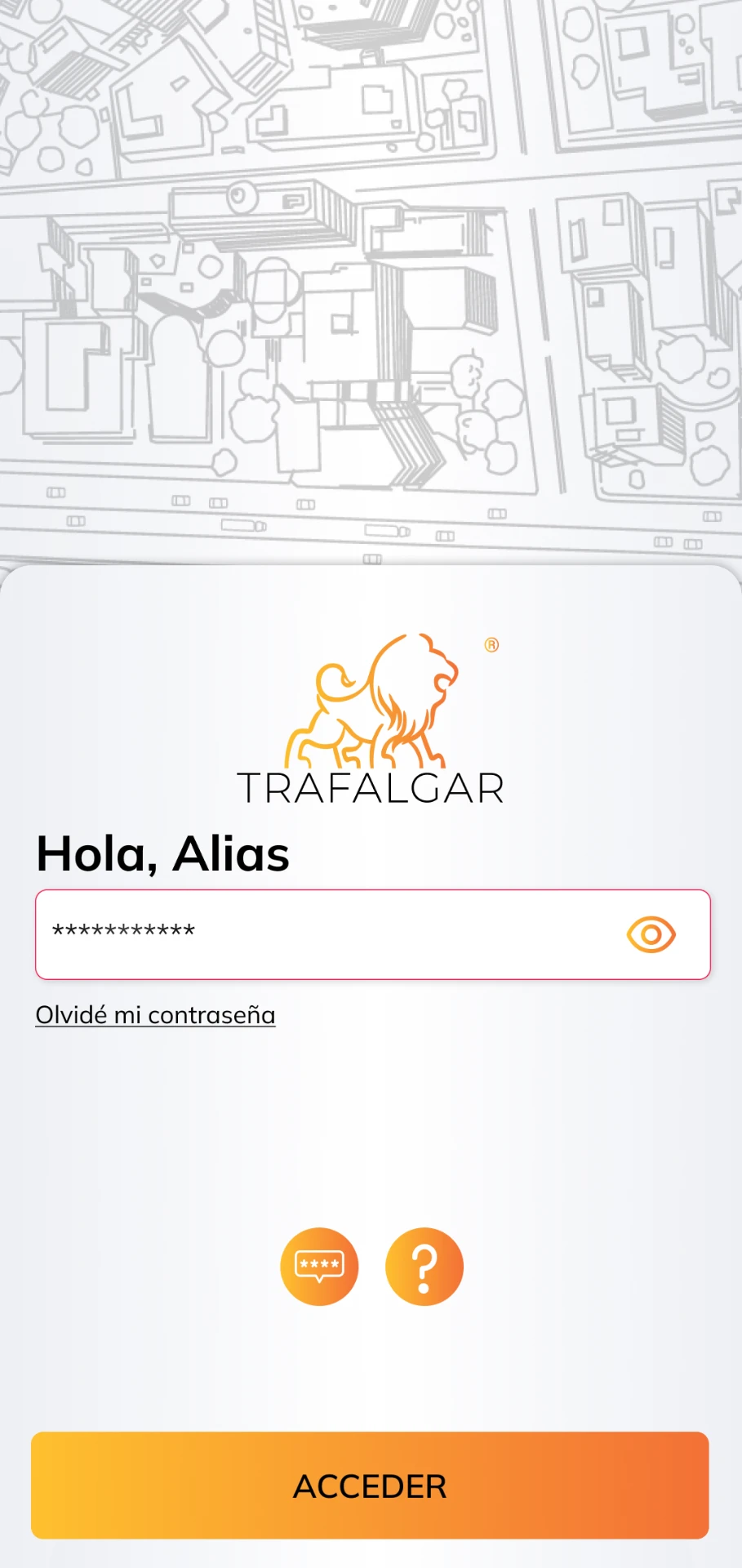 Pantalla de inicio de sesión de la app Trafalgar